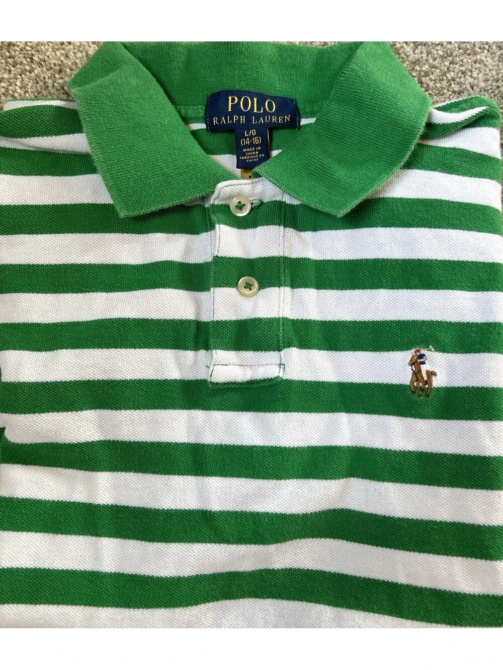 Polo Ralph Lauren Boys 100% Cotton Shirt Sz. L (14-16) Green White Striped Pony